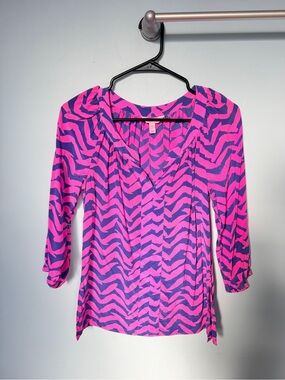 Lilly Pulitzer Moxy Silk Blouse Pop Pink I Got Lucky Zebra Print Size XS